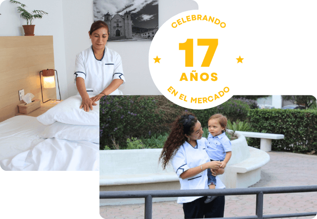 Personal domestico profesional cuidando a niño